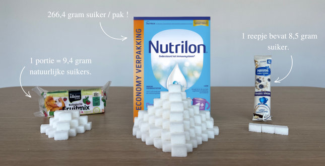 Vergelijking in suikergehalte bij babyvoeding: fruitmix, nutrilon dreumesmelk, bosbes snackreepje.