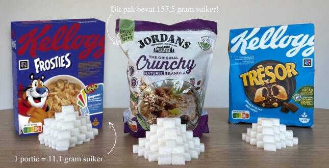 Vergelijking in suikergehalte bij ontbijtgranen: frosties, jordans granola, tresor.
