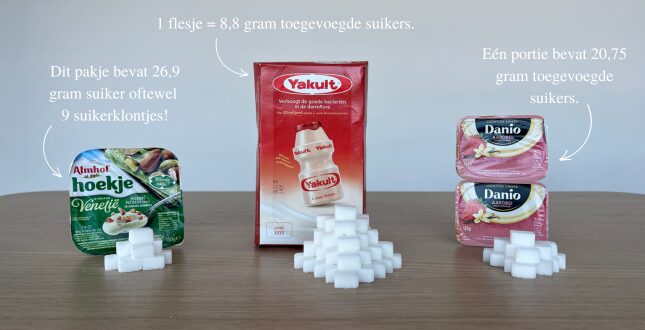 Vergelijking in suikergehalte bij zuivelproducten: hoekje pudding, yakult drankjes, danio kwark.