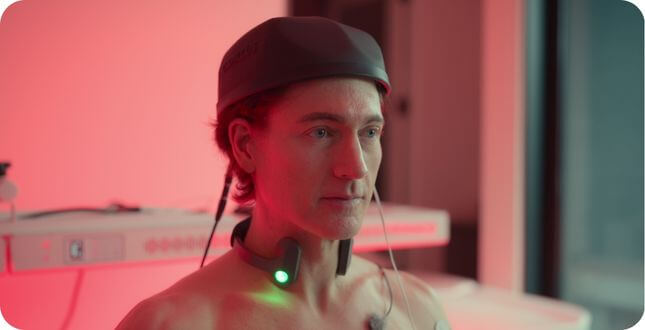 Man draagt een futuristische gezondheidshelm en sensorapparatuur in een rood verlichte ruimte, als onderdeel van een geavanceerde anti-aging en biohacking behandeling.