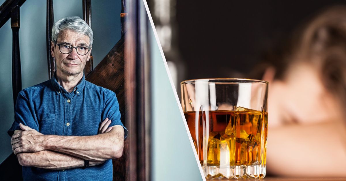 Links een portretfoto van Paul Van Deun met daarlangs rechts een afbeelding van een whiskeyglas en een slapende vrouw op de achtergrond.